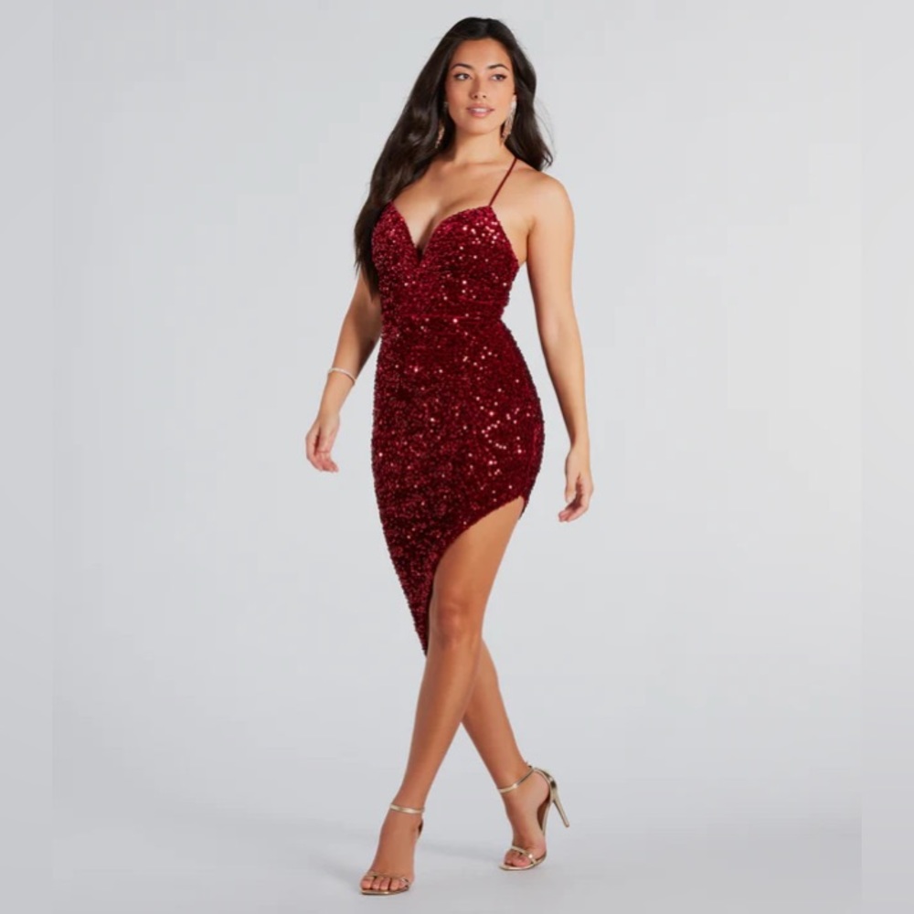 Windsor Burgundy The Way You Sparkle Sequin Lace-Up Midi Dress